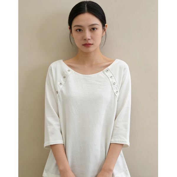 Modern Minimalist White Blouse with Shoulder Button Accents - 3/4 Sleeve for Office & Everyday