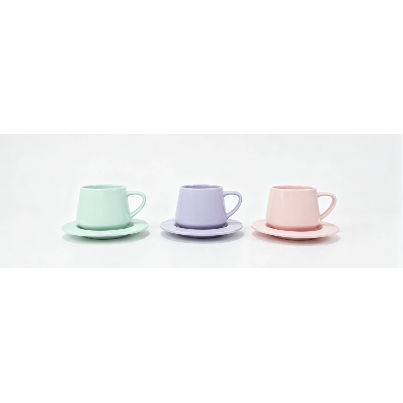 3 Styles Pastel Ceramic Cup & Saucer Sets, Solid Matte / Pearl Iridescent Gloss / Deep Matte Contrast Color Latte Mugs, Tapered Small Belly Coffee Tea Cup Combo for Gift & Kitchen Decor
