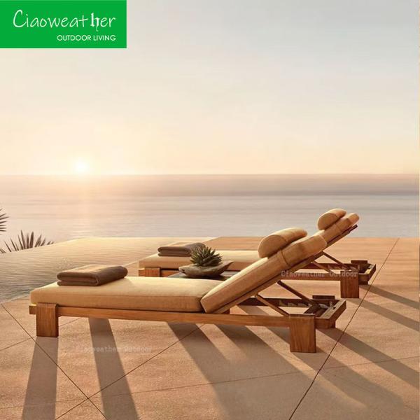 Outdoor Garden Villa Resort Furniture Teakwood Lying Bed Set with Sunshine Beach and Swimming Pool