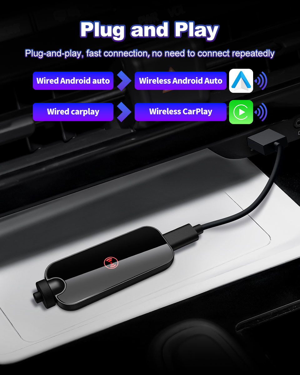 Portable Wireless Carplay Android Auto Adapter Bluetooth Dongle 2 In 1