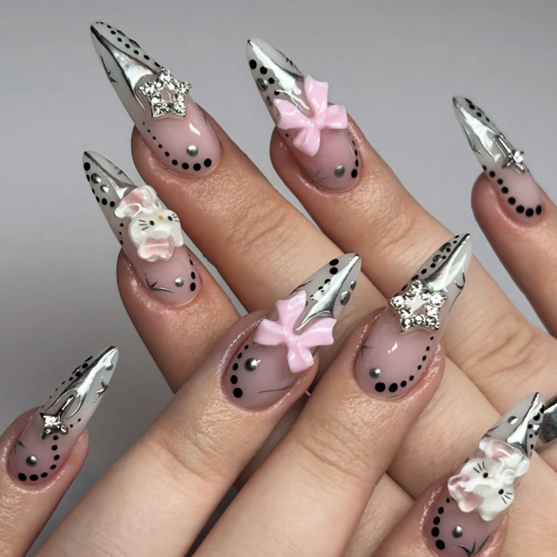 Pink Hello Kitty Charm 3D Artificial Nails Star Rhinestone Silver Tip Nails