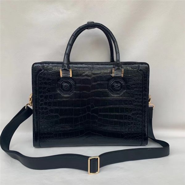 Authentic Real True Crocodile Belly Skin Businessmen Briefcase Bag Genuine Alligator Leather Male Large Black Handbag