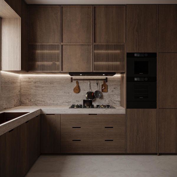 Minimalism Style Wood Veneer Wooden Kitchen Cabinet Modular Kitchen