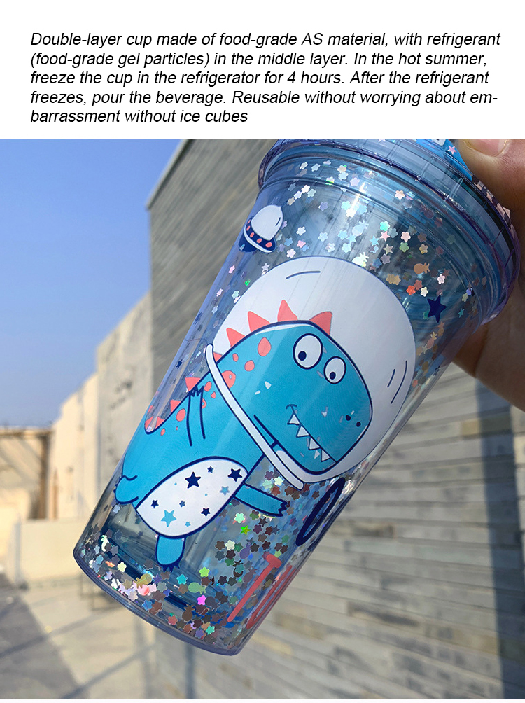 Чашка Sequin звезды куклы динозавра бутылки Drinkware двойного слоя ABS выпивая с соломой