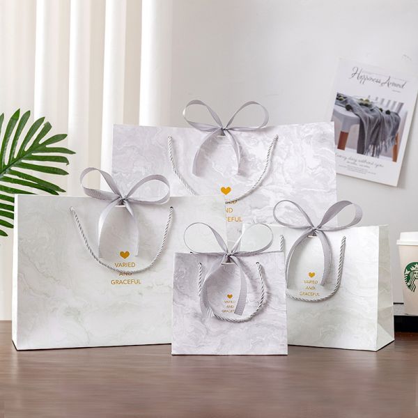 Marble Gift Bags Premium Ribbon Handled Packaging Instagram Aesthetic Luxury Tote Holiday Clothing Presentation Bags