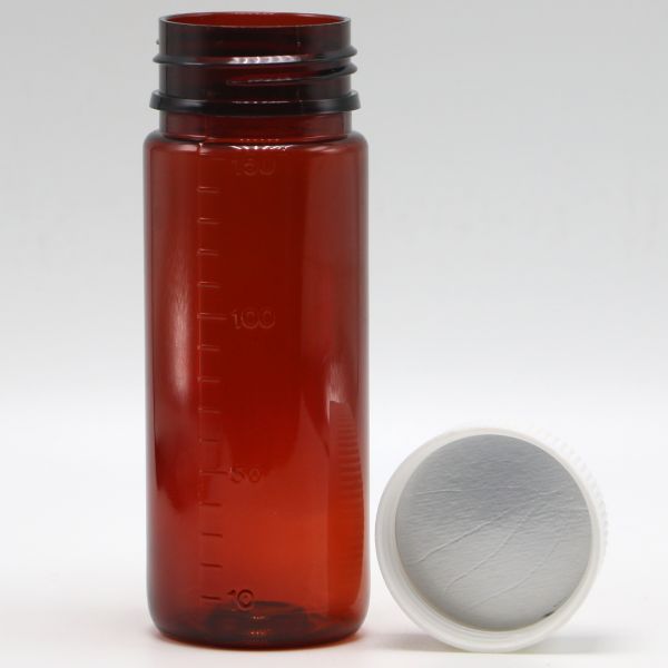 Garrafa de PET marrom de 150 ml para suplementos de plástico líquido e tampas de segurança para crianças