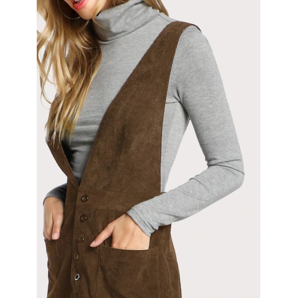 Autumn Design Crisscross Buttoned Plunge Pinafore Corduroy Dress