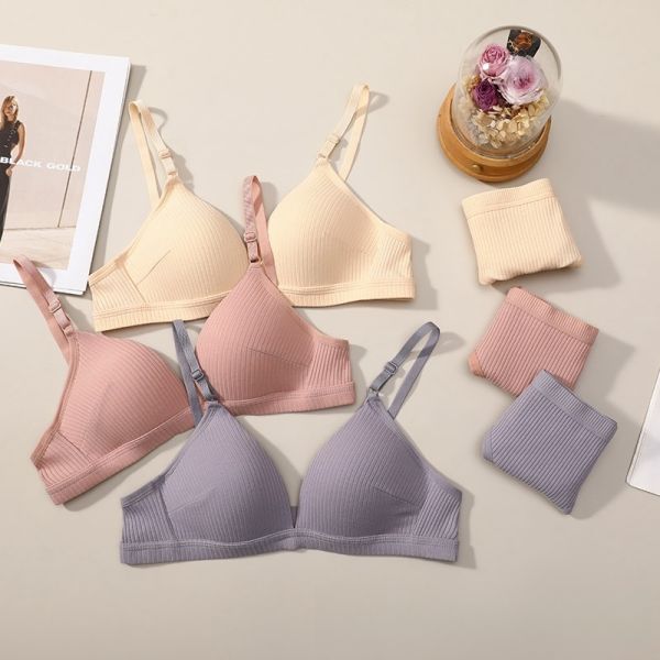 Wholesale 2024 Women Pure Cotton Thong Panties With Bra Set Hot Selling Women Bra With Panty Set Cotton