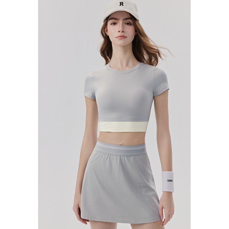 Mint Green Short Sleeve Cropped Workout Top with Contrast Band for Yoga and Fitness