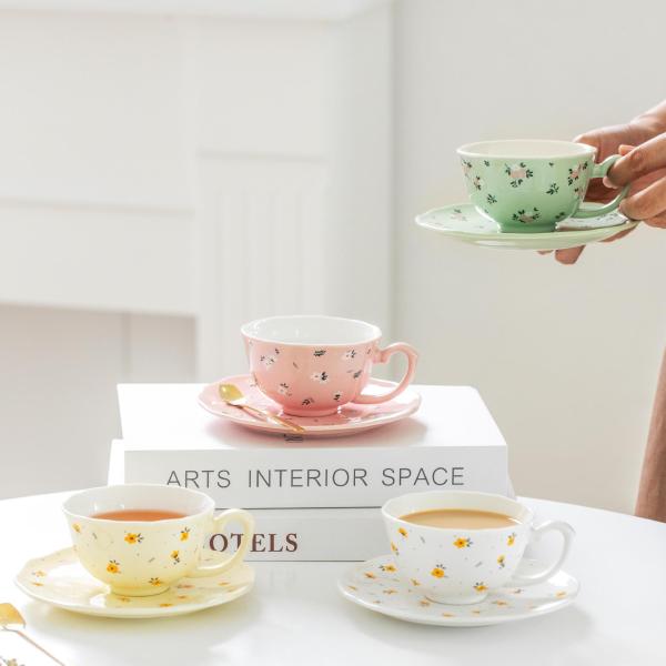European-style Luxurious Small Green Flower Coffee Cups And Saucers With Spoons Custom-made Ceramic Glazed Flower Tea Cups And Mugs For Men And Women
