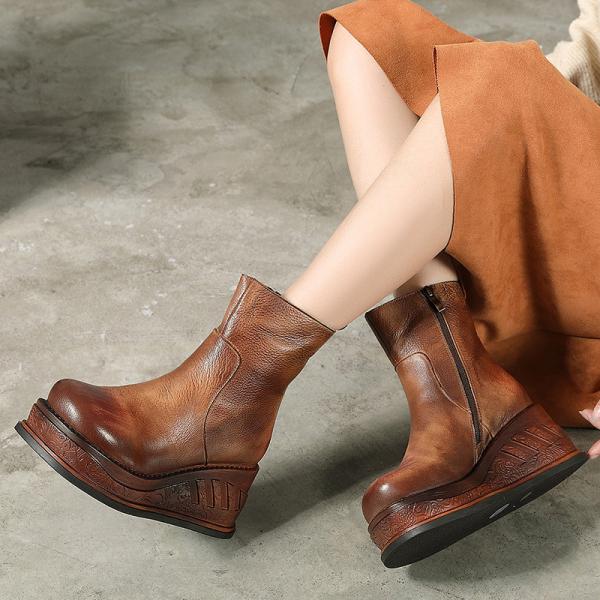 S325 Increased Thick Bottom Top Layer Leather Handmade Boots, Ethnic Style Retro Waxed Leather Personalized Fashion Wome