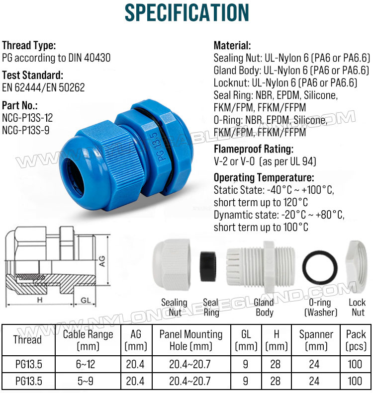Specification of colored (colorful) polyamide 6 (nylon 6) plastic cable glands & cable cord grip connectors Colored Cable Glands, Nylon 6 (Polyamide 6, PA6), PG13.5 (6-12mm & 5-9mm), IP68/IP69K, for Visual Identification & Cable organization
