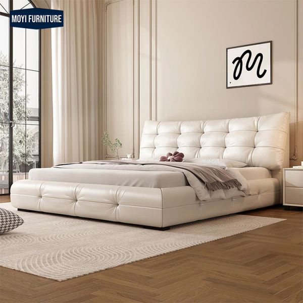Synthetic Leather Upholstery Wooden Frame Foam Fabric Bed Modern Soft Wooden Bed Frame King Full Size Double Bed Set