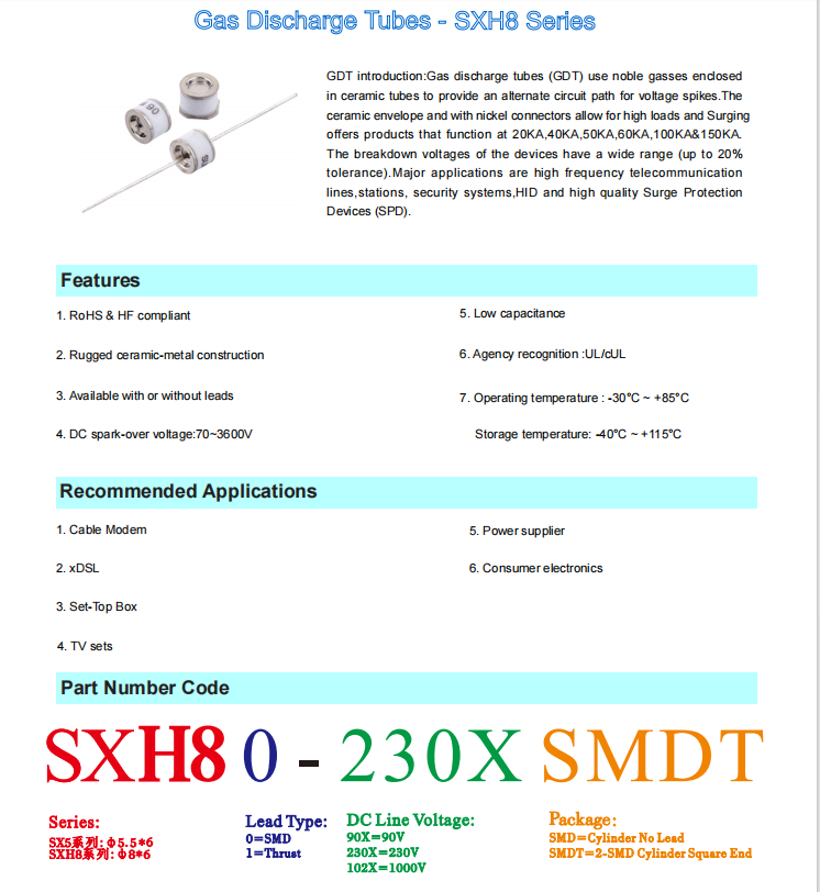UL признанный газоразрядной трубки низкой емкости коаксиальный SXH8-230X 1000V номинальное напряжение -40 ~ 85C Temp
