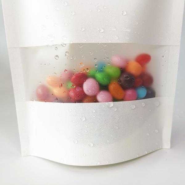Custom Printed Stand Up White Kraft Paper Bag Pouches with Ziplock Rectangular Window for Food Snacks Candy Storage Pack