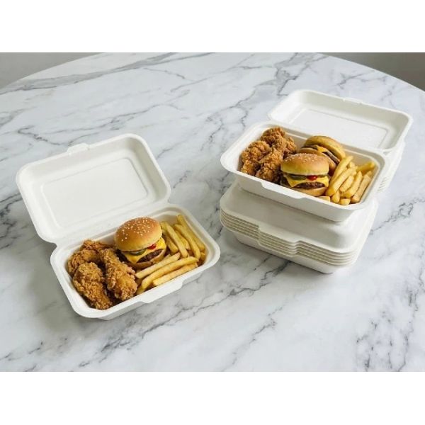 600ml Biodegradable Bagasse Clamshell Container Fried Food box