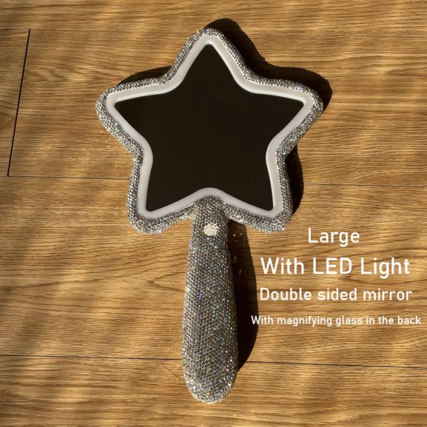 Long Handle Lighted Cosmetic Mirror Fashion Star Shaped Vintage Gold for Everyday