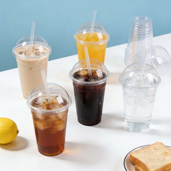 Disposable Custom Logo Printed Cold Coffee PET Plastic Cup Cups with Dome Lids