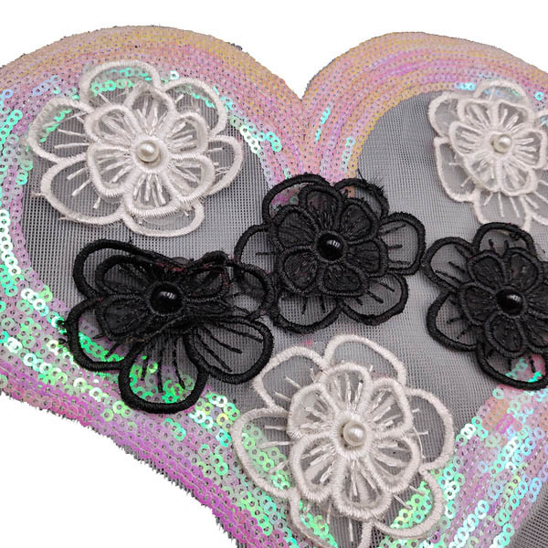 Brand Logo Sequin Embroidery Patches Washable With White / Black Flower