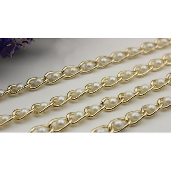 Elegant customized handbag white pearl decorative light gold 11 mm women bag chain
