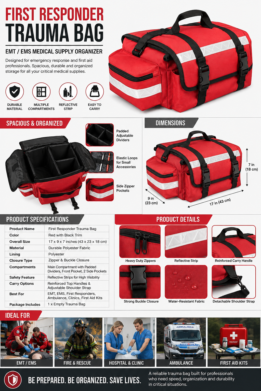 17 Inch EMT Trauma Bag for First Responders, Emergency Medical Supply Organizer with Padded Dividers, Multiple Compartments, Reflective Strip & Side Pockets