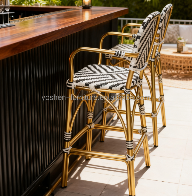 Heavy-Duty Commercial Bar Stools Industrial Aluminum Frame Rattan Back Stools for Pub and Restaurant