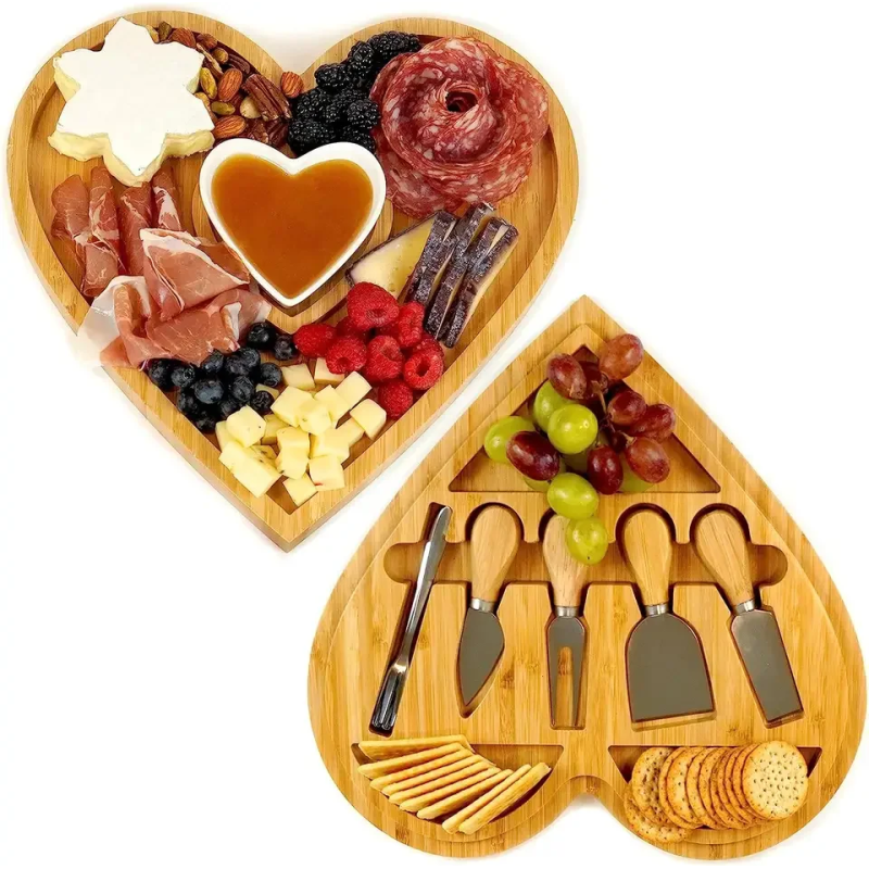 Round Bamboo Cheese Board and Charcuterie Board with Knife Set Pizza Tools Stocked