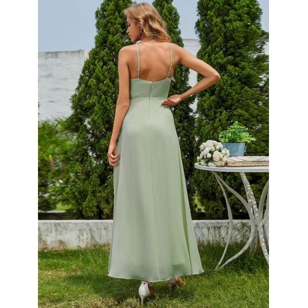 Beautiful Sleeveless V-neck Spaghetti Strap A-line Dusty Navy Chiffon Prom Dress With Lotus Leaf