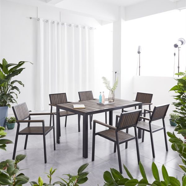 Poolside Plastic Wood Furniture Aluminum Frame Dining Table and Chairs for Courtyard Garden Set
