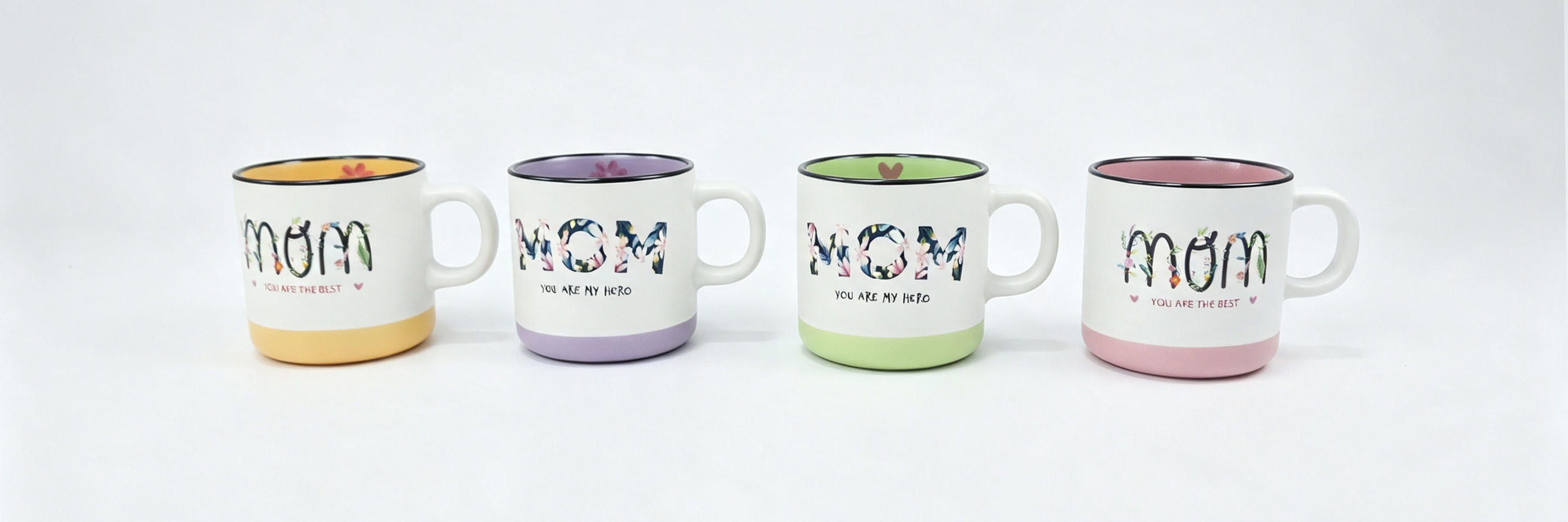 MOM Floral Letter Ceramic Mug Set of 4, Mother’s Day Inspirational Coffee Cups