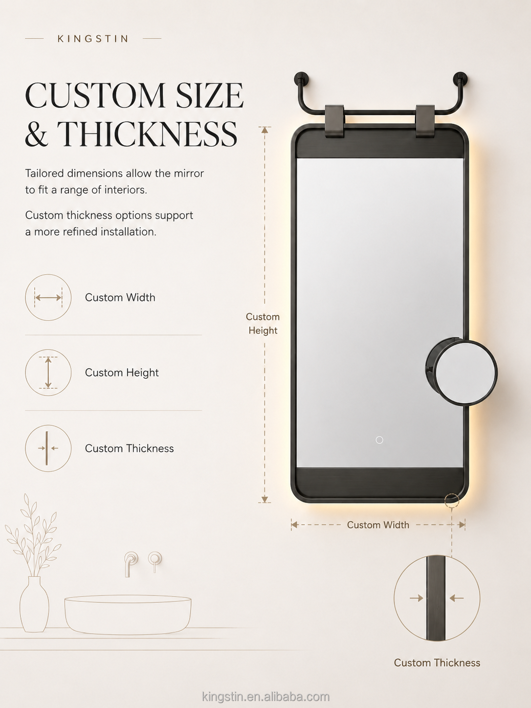 Kingstin Modern Hanging LED Mirror Custom Size Backlit Bathroom Vanity Mirror Anti-Fog Smart Touch Makeup Mirror