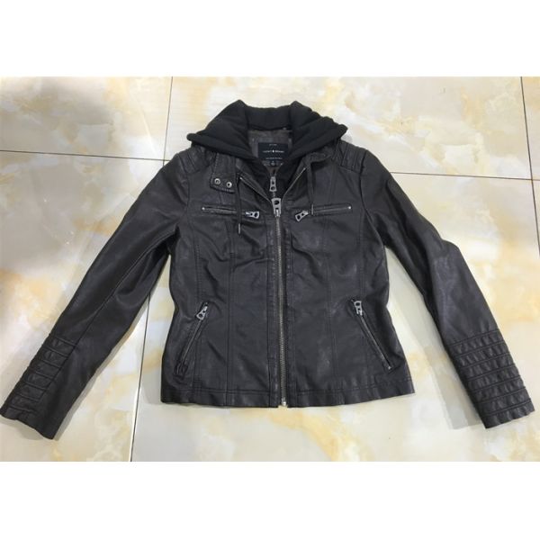 Autumn Black Mens PU Jacket Faux Leather Biker With Detachable Knit Hood