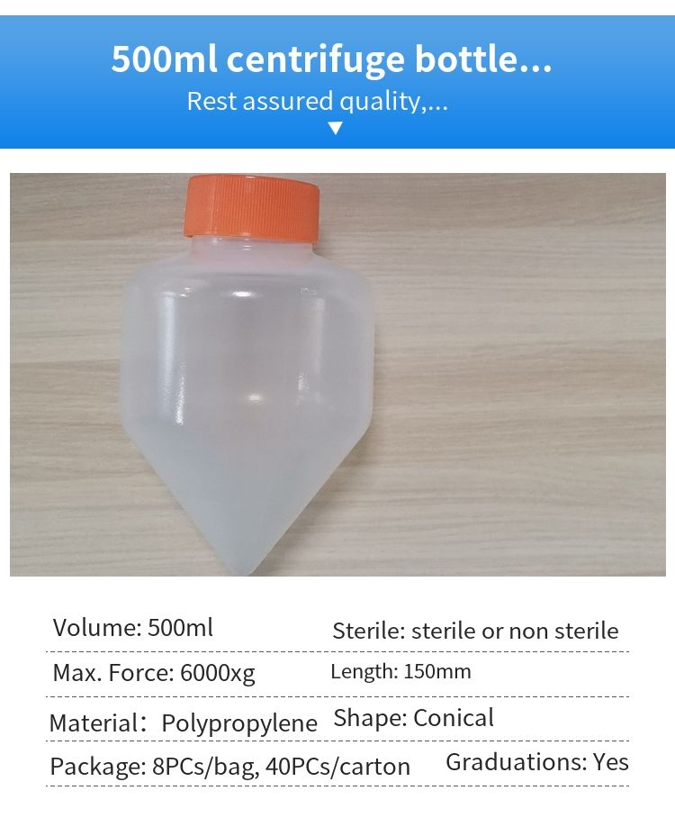 Large Stock Plastic 500ml and 250ml Sterile Centrifuge for Test Tubes PP Conical Bottom Bottle