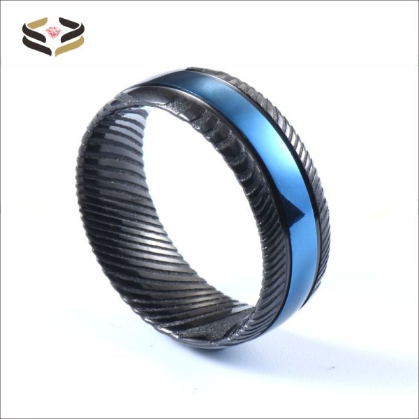 Third Party Appraisal Men Fashion Jewelry 8mm Black Blue Damascus Steel Ring Double Black Grooved Wedding Band with Logo
