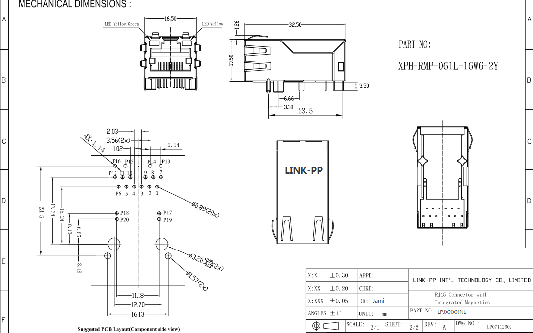 Разъемы Rj45 защищаемые W/LED через отверстие для POE, XPH-RMP-061L-16W6-2Y