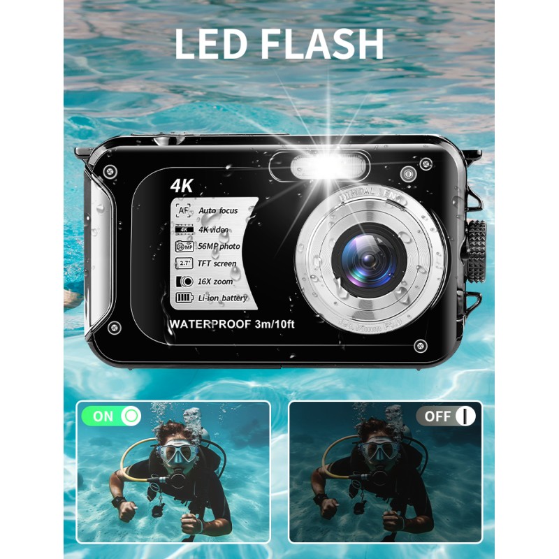 4K 56MP HD Waterproof Camera 2.7'' Screen 10FT 3M Underwater Swimming Camera 16X Digital Zoom Camera for Snorkeling and  Diving