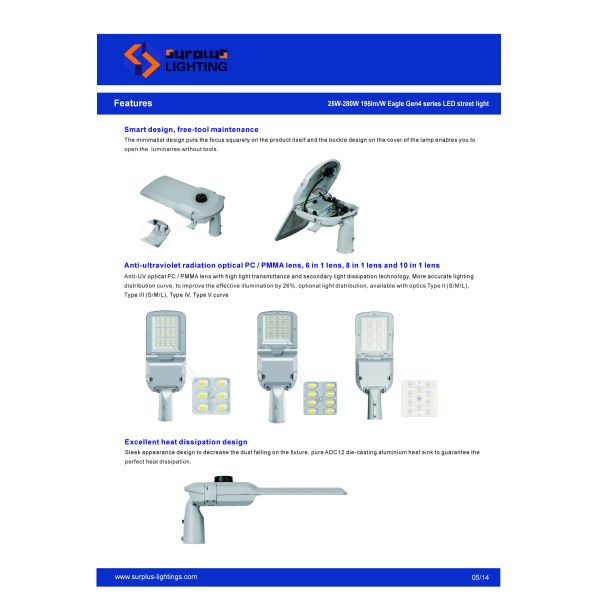 EAGLE GEN4 TUV ENEC ENEC PLUS+ CB CE RoHS Certified 200W DALI-2 LED Street Light 195lm/W With 7 PIN NEMA Socket Shorting Cap and 10KV SPD Tool-free opening and Self-cleaning Design