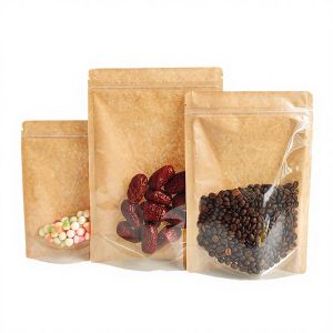 Brown Clear Front Recycled Kraft Paper Back Corner Flat Zip Lock Food Grade Digital/Gravure Printing Stand Pouch Packaging Bag