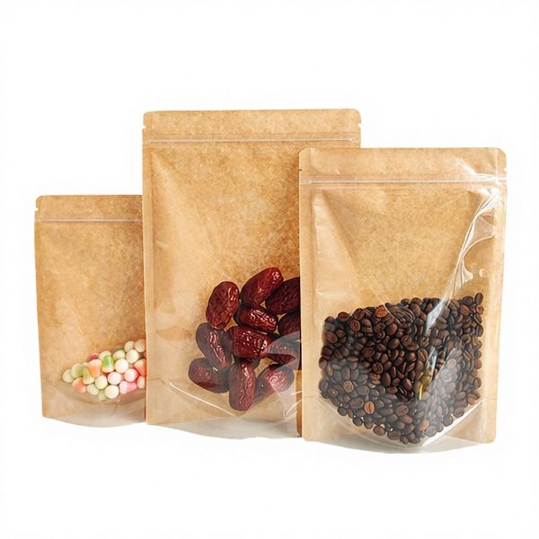 Brown Clear Front Recycled Kraft Paper Back Corner Flat Zip Lock Food Grade Digital/Gravure Printing Stand Pouch Packaging Bag