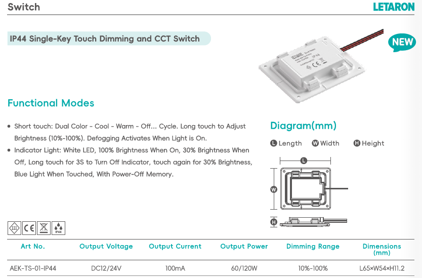 IP44 One-Key Mirror Touch Switch Mini CCT Dimmer Sensor Switch 12V 24V