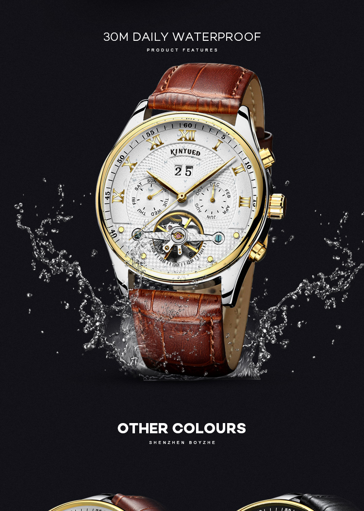 KINYUED Business Power Reserve Automatic Movement Luxury Watches For Men Automatic Skeleton Watch