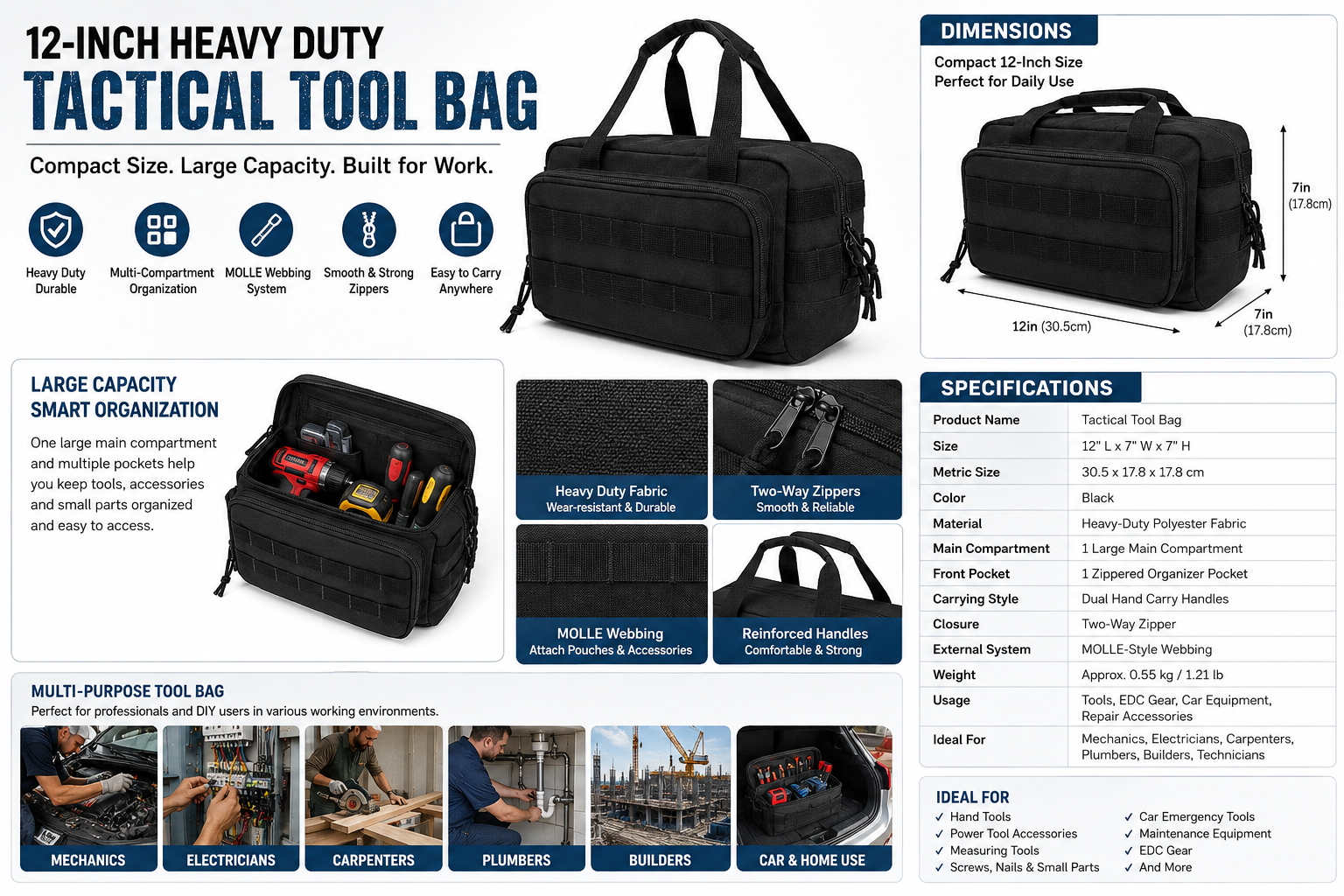 12-Inch Heavy Duty Tool Bag, Tactical Work Gear & Car Tool Organizer for Mechanics, Electricians, Carpenters, Plumbers and Builders, Black