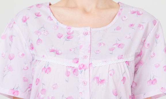 65% Polyester 35% Cotton Ladies Night Dresses Sleepwear Gathers Lace Yoke Button Placket