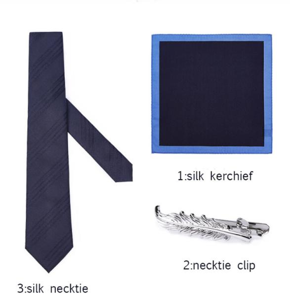 Silk Yarn Dyed Navy Blue Business Ties For Men Jacquard 100% Silk Tie Handkerchief Cufflink And Necktie Gift Box Tie Set