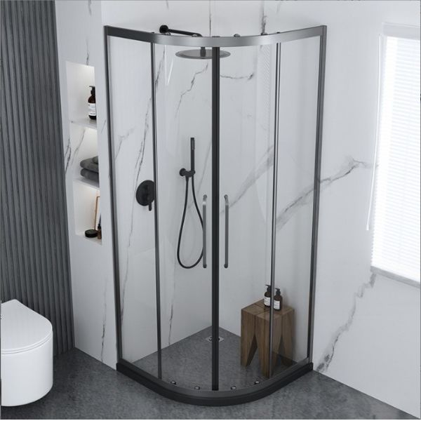 Villa Bathroom Shower Room with Textured Glass Corner Enclosure and Steel Finish