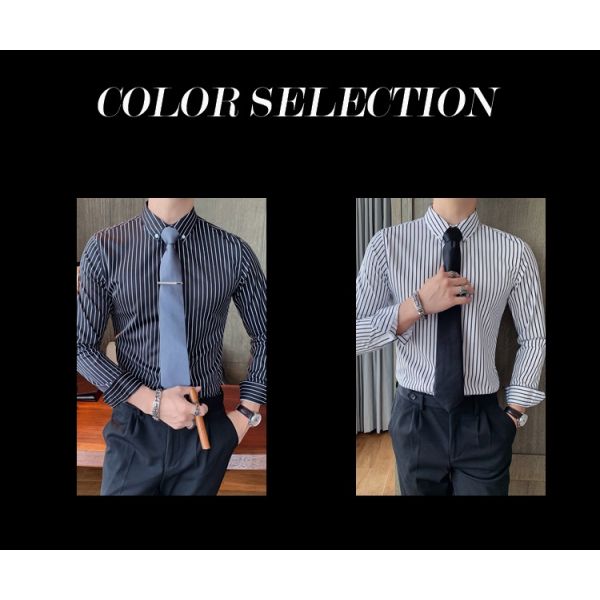 Stand Collar Polyester Cotton Slim Formal Long Sleeve Shirts With Stripes For Men