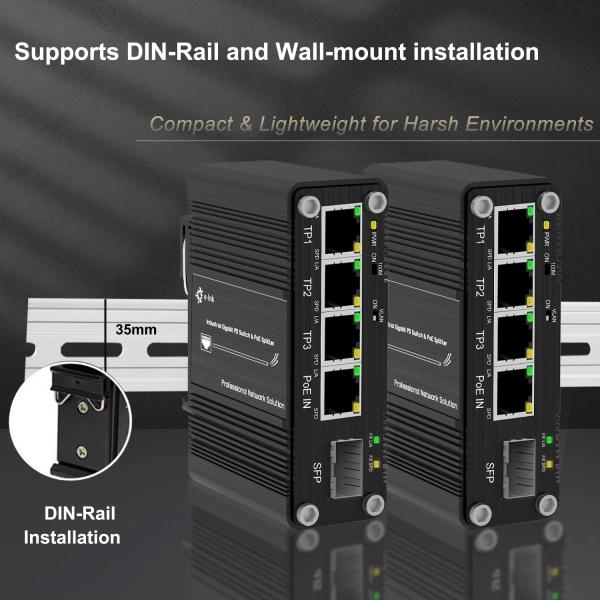 Mini 3-Port 10/100/1000T + 1-Port 100/1000X SFP Hybrid Interface Ethernet Adaptor with PD and PoE Splitter Function
