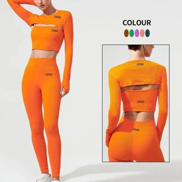                  Wholesale Custom Logo Gym Legging High Impact Sports Bra 3PCS Long Sleeve Yoga Wear Gym Fitness Sets             