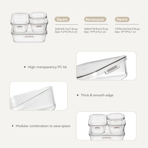 IKOO Borosilicate Glass Food Container Set 240ml,1370ml with Simple Lid