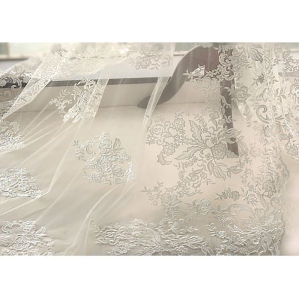 White Tulle Corded Bridal Stretch Lace Fabric , Floral Embroidered Wedding Dress Lace Fabric